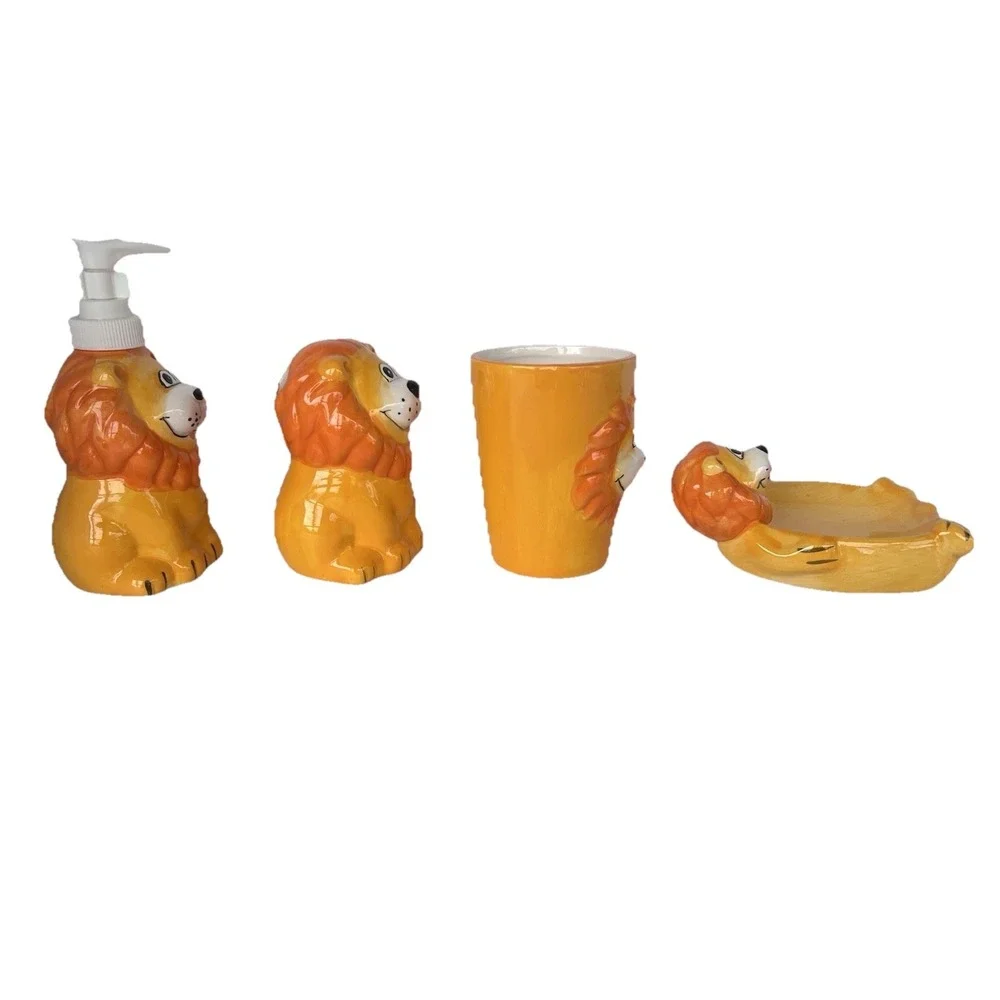New 4 Piece Ceramic Kids lion Zoo Animal Bathroom Set Soap‎ Toothbrush Cup